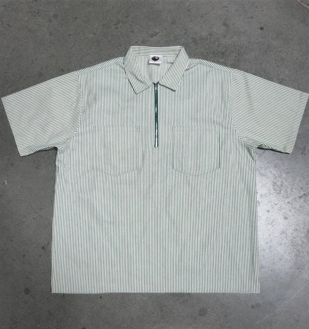 Green Hickory Striped Zip-Up Shirt